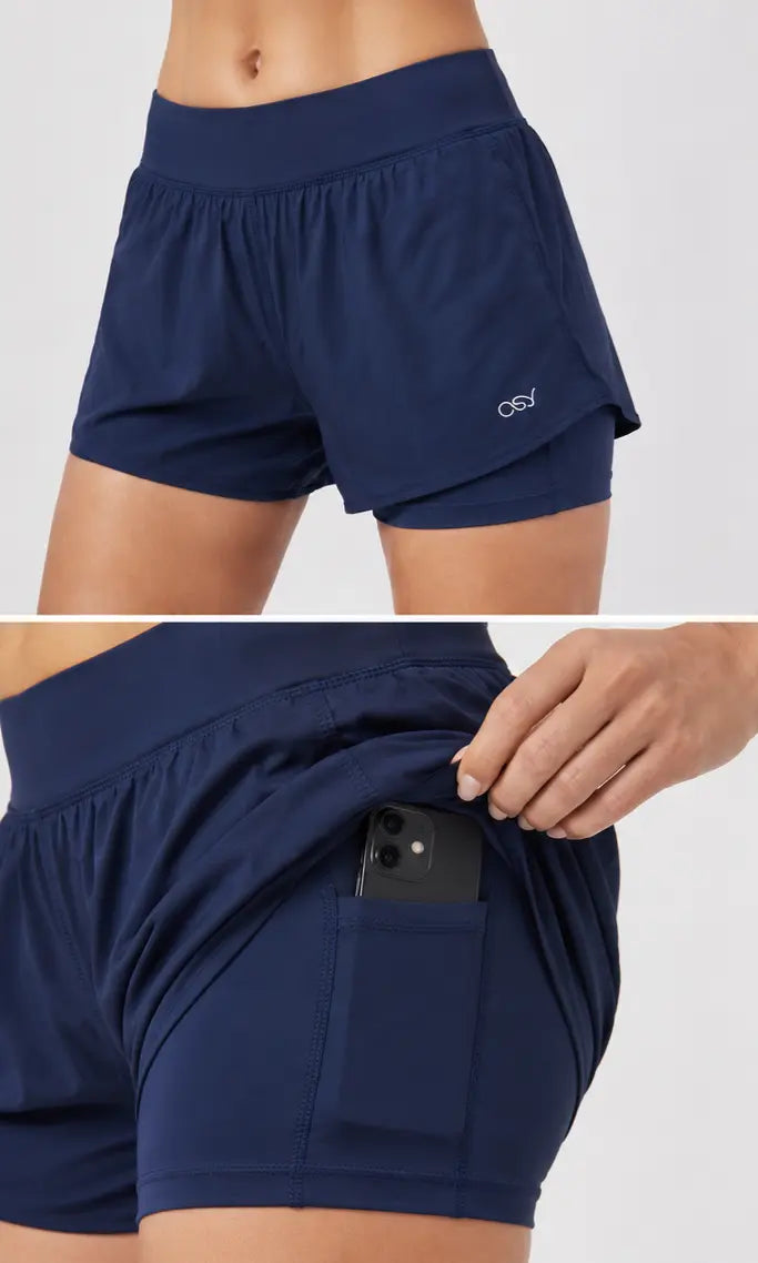 OSY Women's 2-in-1 Running Shorts with Inner Pocket - Navy Blue