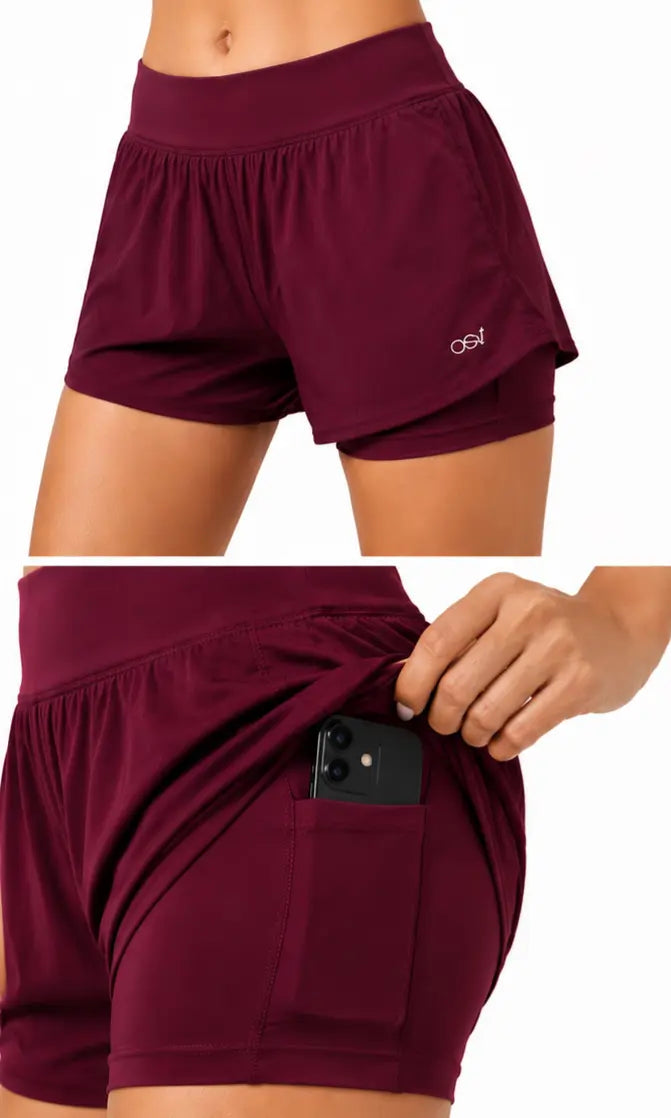 OSY Women's 2-in-1 Running Shorts with Inner Pocket - Maroon