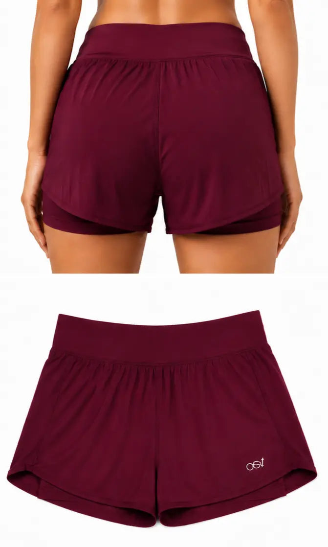 OSY Women's 2-in-1 Running Shorts with Inner Pocket - Maroon