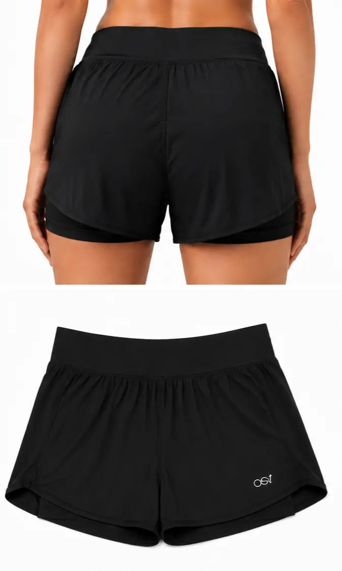 OSY Women's 2-in-1 Running Shorts with Inner Pocket - Black